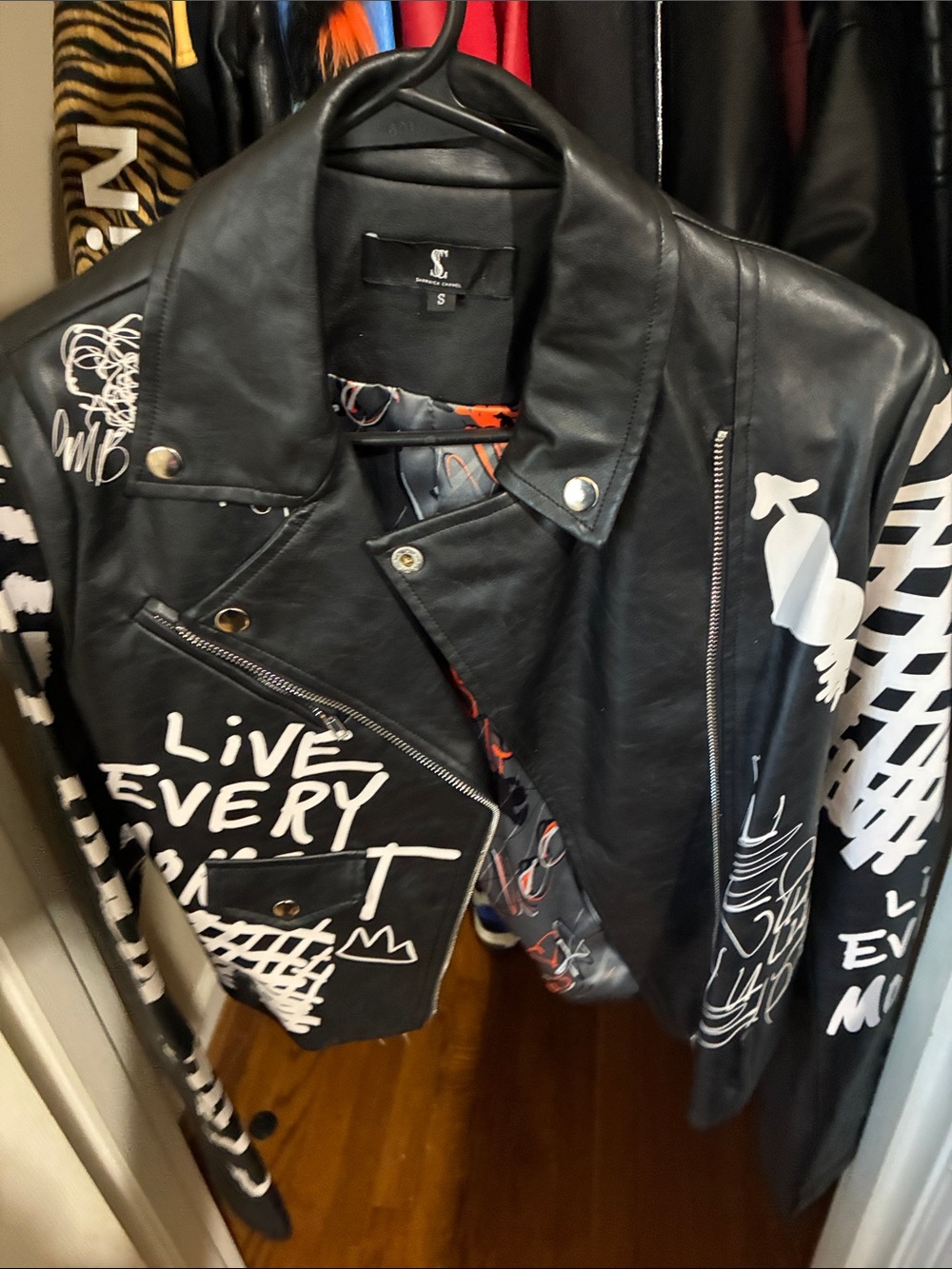 Stylish Black Graffiti Leather Jacket - S